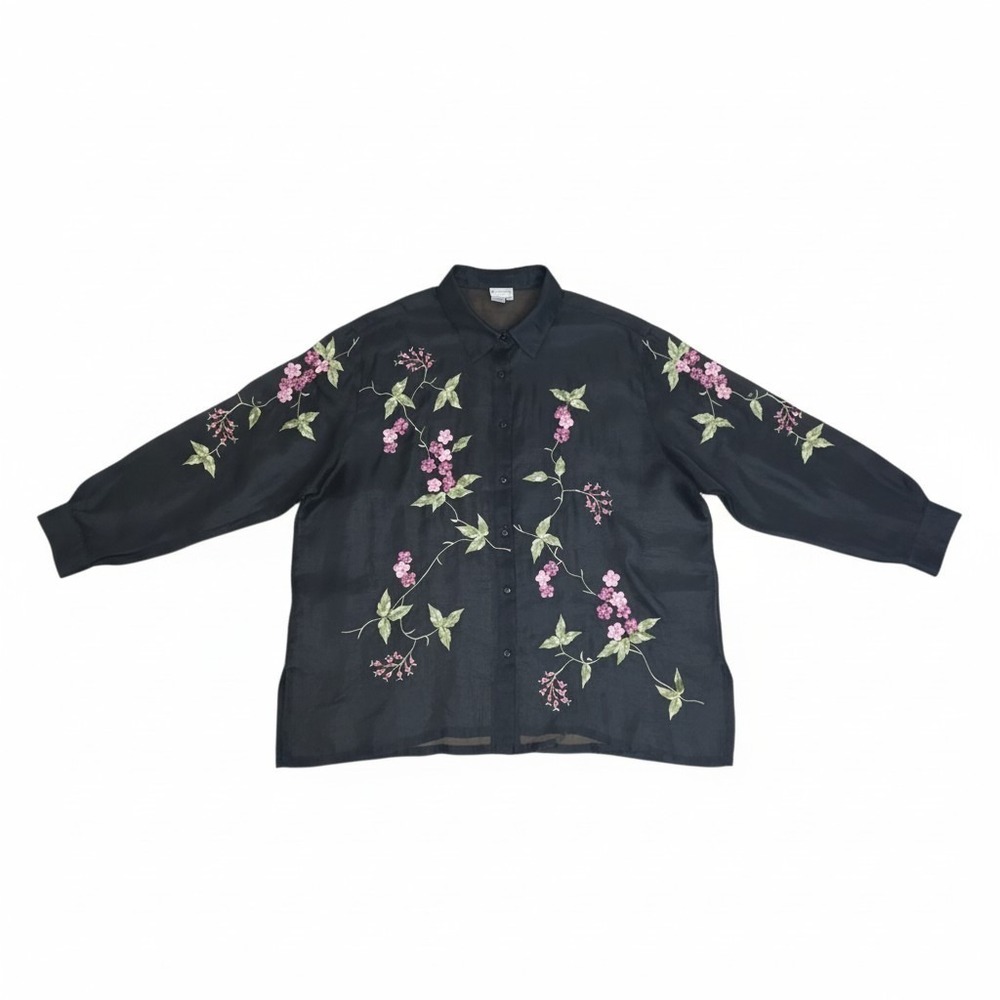 Florissant New York 100% Silk Organza Blouse 2X Sheer Black Floral Embroidered